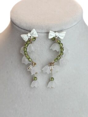 White Bow & Olive Floral Drop Earrings with Frosted Petals
